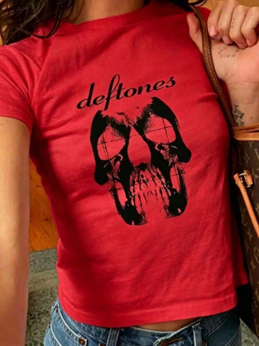 Camiseta Corta Casual para Mujer con Estampado de Calaveras y Pelaje - Camiseta Baby Tee - Camiseta Gráfica Vintage, Estética Grunge Streetwear, Babytee, Baby Tee Y2K Nu-Metal, Regalos de Halloween, Regalo para Novia - Esencial para el Invierno y Elegancia Casual