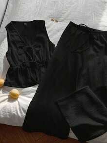Conjunto de 2 piezas casual para mujer con top de cuello en V y pantalones en punto liso negro - Negro - Ver 4