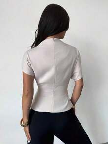 Blusa de bambú y lino con cuello arrugado, mangas asimétricas, plisado lateral y cintura ceñida, para uso diario, color albaricoque, para todas las estaciones - Albaricoque - Ver 3