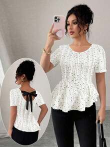 Elegante blusa de punto jacquard con lunares, lazo en la espalda, cintura ceñida y bajo asimétrico - Multicolor - Ver 7