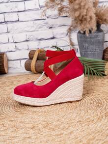 Giày đế xuồng và đế cao kiểu espadrille cho nữ, sandal quai ngang dệt màu đen mũi tròn thích hợp cho kỳ nghỉ biển, đế dây thừng co giãn, kết hợp với giày nữ. - Đỏ - Xem 8
