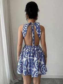 Vestido corto sin espalda para mujer, minimalista y de moda, adecuado para el verano - Azul - Ver 2