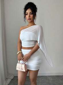 Conjunto de 2 piezas de falda mini ajustado fruncida en la cintura y top corto bandeau, de malla transparente y sexy para el verano - Blanco - Ver 7