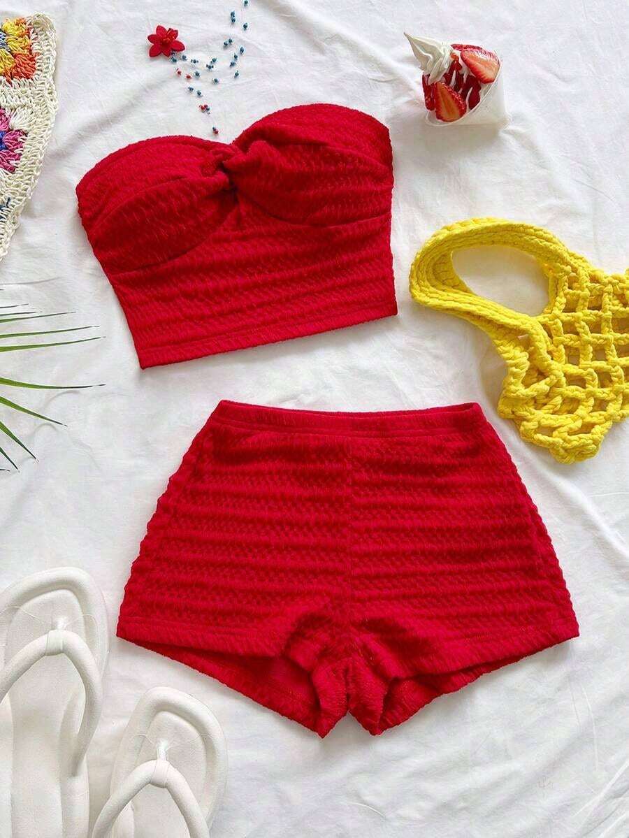 Conjunto de 2 piezas de top bandeau con textura y nudo delantero y shorts de unicolor para vacaciones de verano de mujer - Rojo - Ver 1