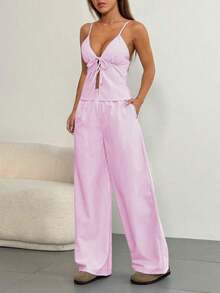 Conjunto informal de 2 piezas con top de tirantes con nudo delantero y rayas y pantalones para mujer - Rosa - Ver 6