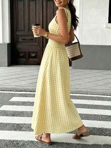 Vestido maxi a cuadros marrones 2026 para mujer, con tirantes de lazo y cintura fruncida con volantes, estilo minimalista casual y perfecto para vacaciones y uso diario - Amarillo claro - Ver 2