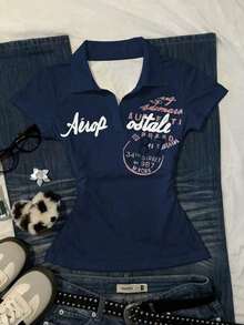 Camiseta casual de mujer con estampado de letras, verano - Azul marino - Ver 1