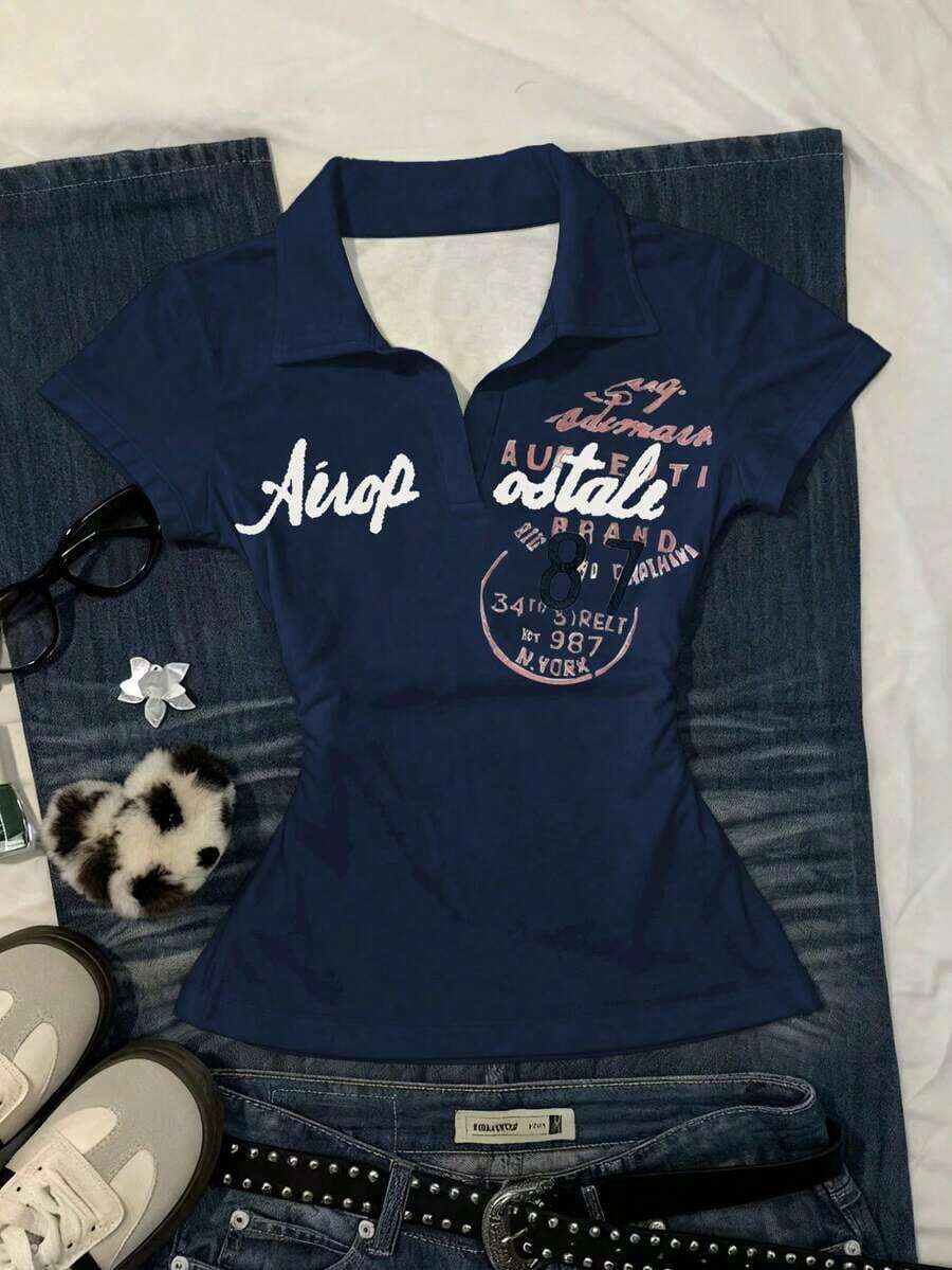 Camiseta casual de mujer con estampado de letras, verano - Azul marino - Ver 1