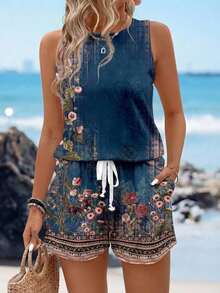 Conjunto de 2 piezas: top de tirantes con cuello redondo y estampado floral vintage casual, y camiseta de manga corta, apropiados para el verano - Multicolor - Ver 1