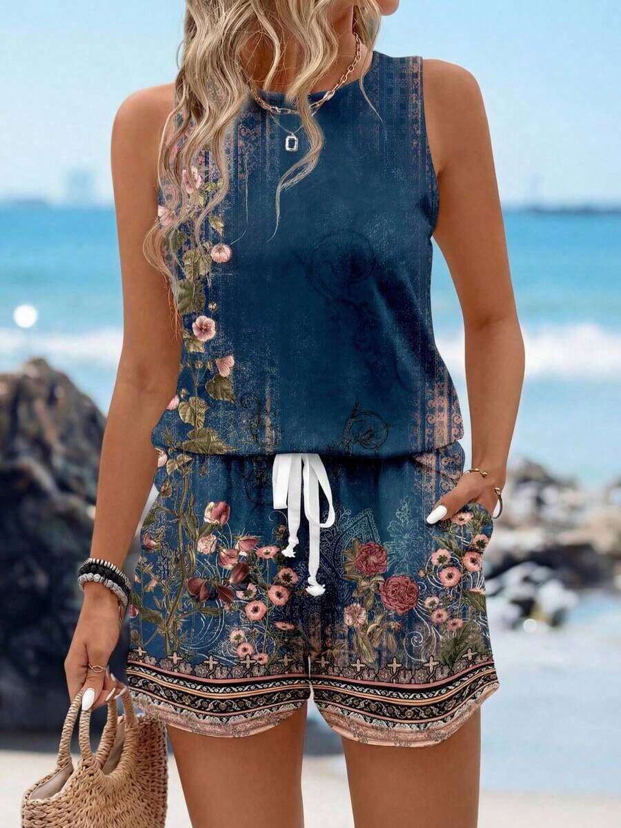 Conjunto de 2 piezas: top de tirantes con cuello redondo y estampado floral vintage casual, y camiseta de manga corta, apropiados para el verano - Multicolor - Ver 1