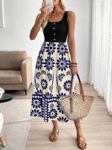 Vestido ajustado sin mangas con estampado de retazos de estilo vacacional para mujer - Azul marino - Ver 7