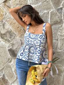 Camiseta sin mangas con volantes y estampado de lunares para vacaciones - Azul 2 - Ver 4