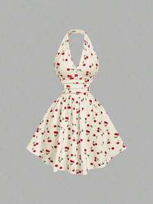 Vestido de fiesta elegante de mujer con estampado de cerezas, escote halter, espalda descubierta y cintura fruncida - Albaricoque - Ver 5