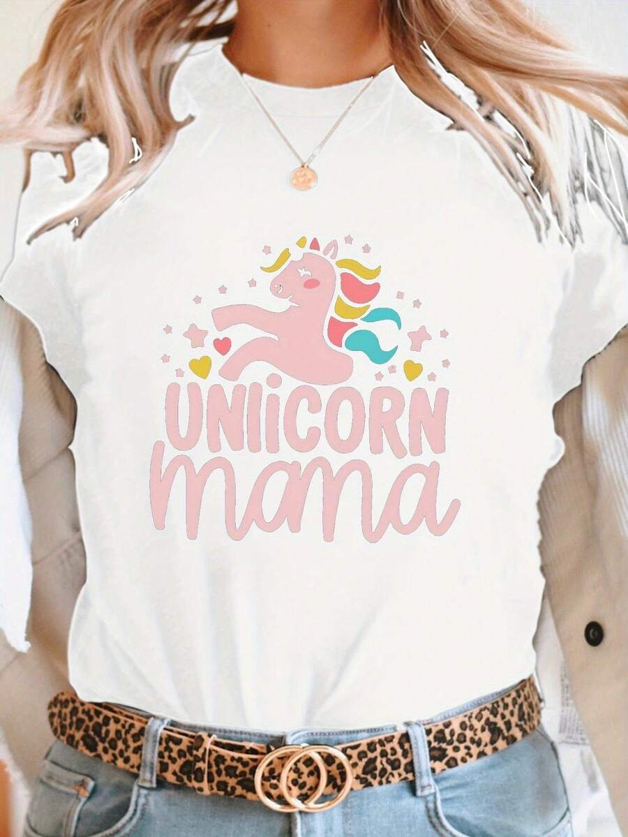 Camiseta casual de manga corta y cuello redondo con tipografía de Mamá Unicornio, perfecta para primavera y verano, diseñpara mujeres - Blanco - Ver 1