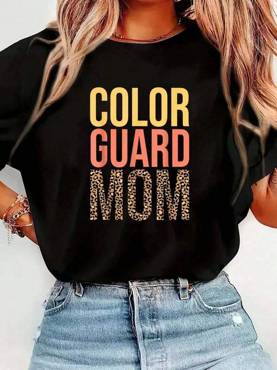 100% Cotton Color Guard Mom - Winter Marching Band And Flag Throwing Print T-Shirt, Casual Crew Neck Short Sleeve T-Shirt, Comfortable, For Spring And Summer, Women's Clothing - 黑色 - 查看 1
