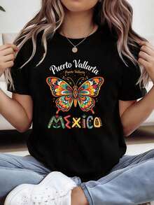 Women's T-Shirt With Butterfly Print And Mexican Folkloric Text From Puerto Vallarta, Round Neck, Short Sleeve, For Spring And Summer, Suitable For Casual Shopping, Christmas Gifts, Friend Gatherings, Music Parties And Holiday Wear. - 黑色 - 查看 1