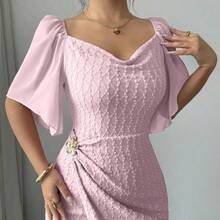 Women's Metal Buckle Color Block Ruffle Collar Petal Sleeve Fitted Elegant Dress, Spring/Summer Dress With Metal Buckle Pink Midi Dress - Verde pastel - Ver 8