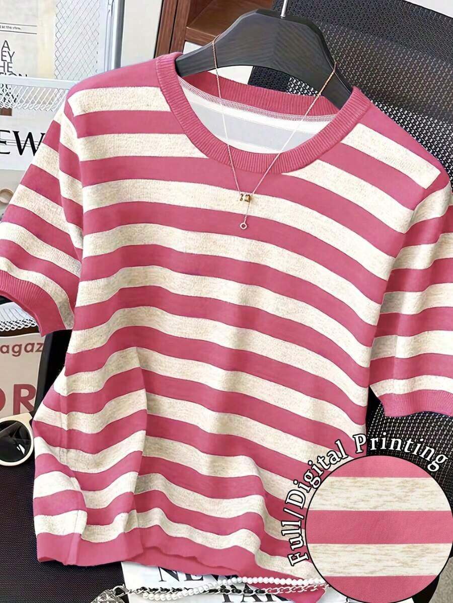 Camiseta de manga corta de cuello redondo a rayas para mujer, de uso versátil y casual para uso diario - Multicolor 4 - Ver 1