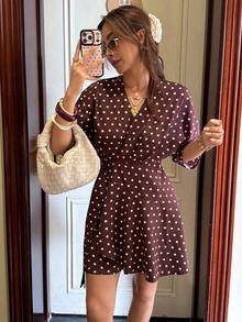 Vestido corto casual y de viaje con cuello en V y estampado de cuadros para mujer - Marrón - Ver 6