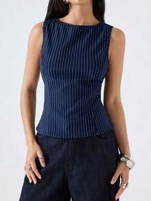 2026 Nueva Camiseta de Tirantes Ajustada de Cuello Redondo a Rayas de Color Albaricoque Minimalista, Adecuada para Trabajo/Casual de Negocios/Oficina, Top de Moda para Mujer - Azul - Ver 3