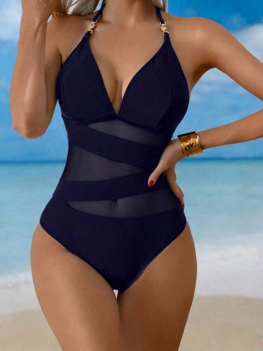 Swim Lushore Traje de baño de una pieza sexy para mujer con decoración metálica, diseño de escote en V y empalme transparente, adecuado para vacaciones en la playa - Azul marino - Ver 1