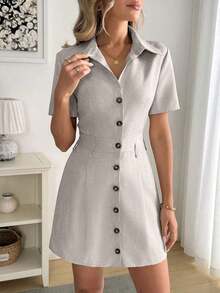 Vestido camisero de mujer de manga corta con rayas - Gris Claro - Ver 4