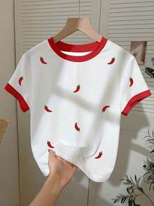 Camiseta casual de mujer con bloque de color y bordado de limón en cuello redondo - Blanco 9 - Ver 3