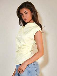 Blusa plisada con cuello para mujer, elegante para la oficina, artículo de moda versátil, adecuado para el trabajo, salidas casuales, fiestas, con estampado de cuadros marrones - Amarillo claro - Ver 5