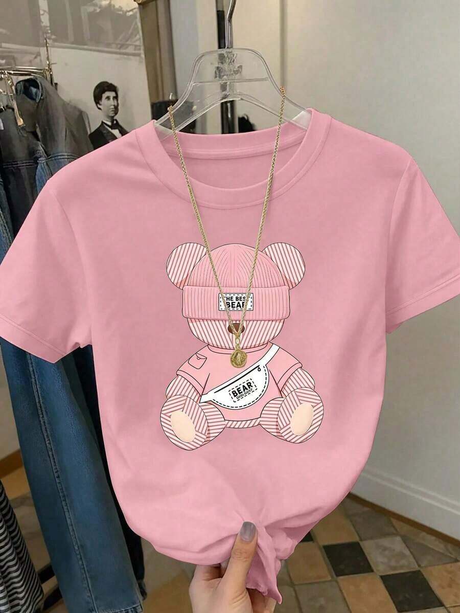 Camiseta de cuello redondo casual de mujer con estampado de oso y letras en relieve, para verano - Rosa Pálido - Ver 1