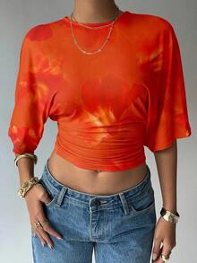Blusa de verano para mujer con diseño de manga murciélago, cuello redondo, fruncido y estampado floral de tinte de agua en tonos cálidos, ideal para playa/vacaciones, un look casual, minimalista y elegante - Naranja Quemada - Ver 7