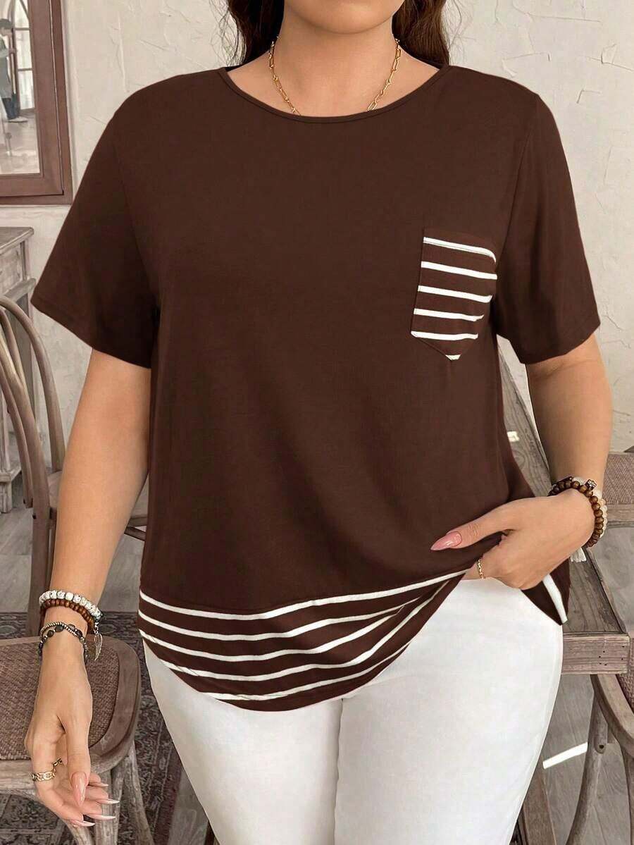 Camiseta casual de talla grande con bolsillo y rayas de contraste, prenda de vestir occidental estilo boho bohemio, top de festival de los 90, verano y primavera - Marrón Chocolate - Ver 1