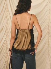 -E Elegante conjunto de vacaciones para mujer con top de tirantes finos, ajuste ceñido, de satén beige con ribete de encaje - Marrón Mocha - Ver 6