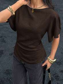 Camisa casual de mujer con ribete de contraste en la cintura y manga corta, para verano - Marrón 2 - Ver 8