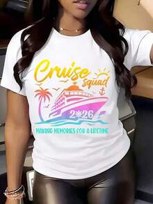 Camiseta de mujer de cuello redondo con estampado de "Crucero, escuadrn, barco, palmera, sol, ancla 2026, creando recuerdos para toda la vida" para vacaciones de verano, vies y fiestas. 220g - Blanco - Ver 2