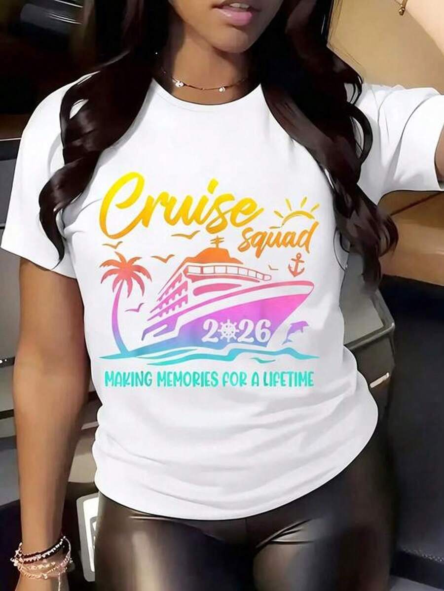 Camiseta de mujer de cuello redondo con estampado de "Crucero, escuadr￳n, barco, palmera, sol, ancla 2026, creando recuerdos para toda la vida" para vacaciones de verano, vies y fiestas. 220g