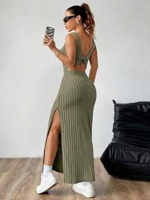 maxi informal sin mangas con abertura lateral, atuendo de mujer - Verde militar - Ver 1