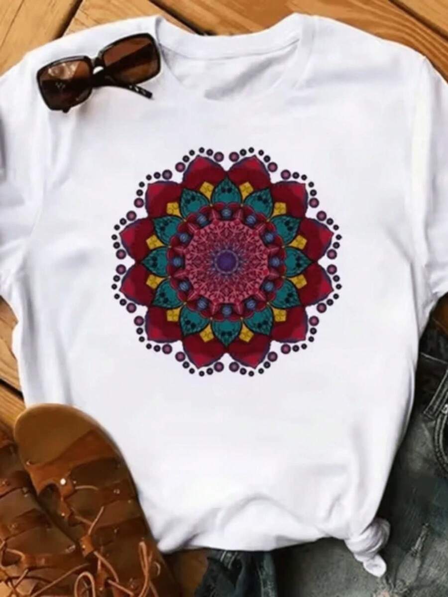 Camiseta negrara mujer con gráfico de mandala estilo kawaii Maycaur New Females T-24 (2)