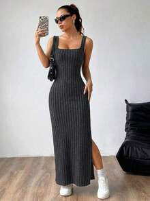 maxi informal sin mangas con abertura lateral, atuendo de mujer - Gris Oscuro - Ver 4