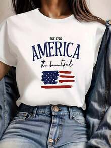 Camiseta de manga corta con cuello redondo y estampados elegantes para mujer, nueva para primavera y verano, diseñada para ser ajustada y favorecedora. - Blanco - Ver 7