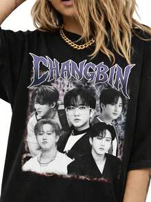 Changbin Vintage Graphic Shirt, SKZ Streetwear. Women's Fashionable Casual T-Shirt With Creative Print, Short Sleeve, Round Neck, For Spring And Summer - Festive Celebration Shirt, Party Wear Top - 彩色 - 查看 1