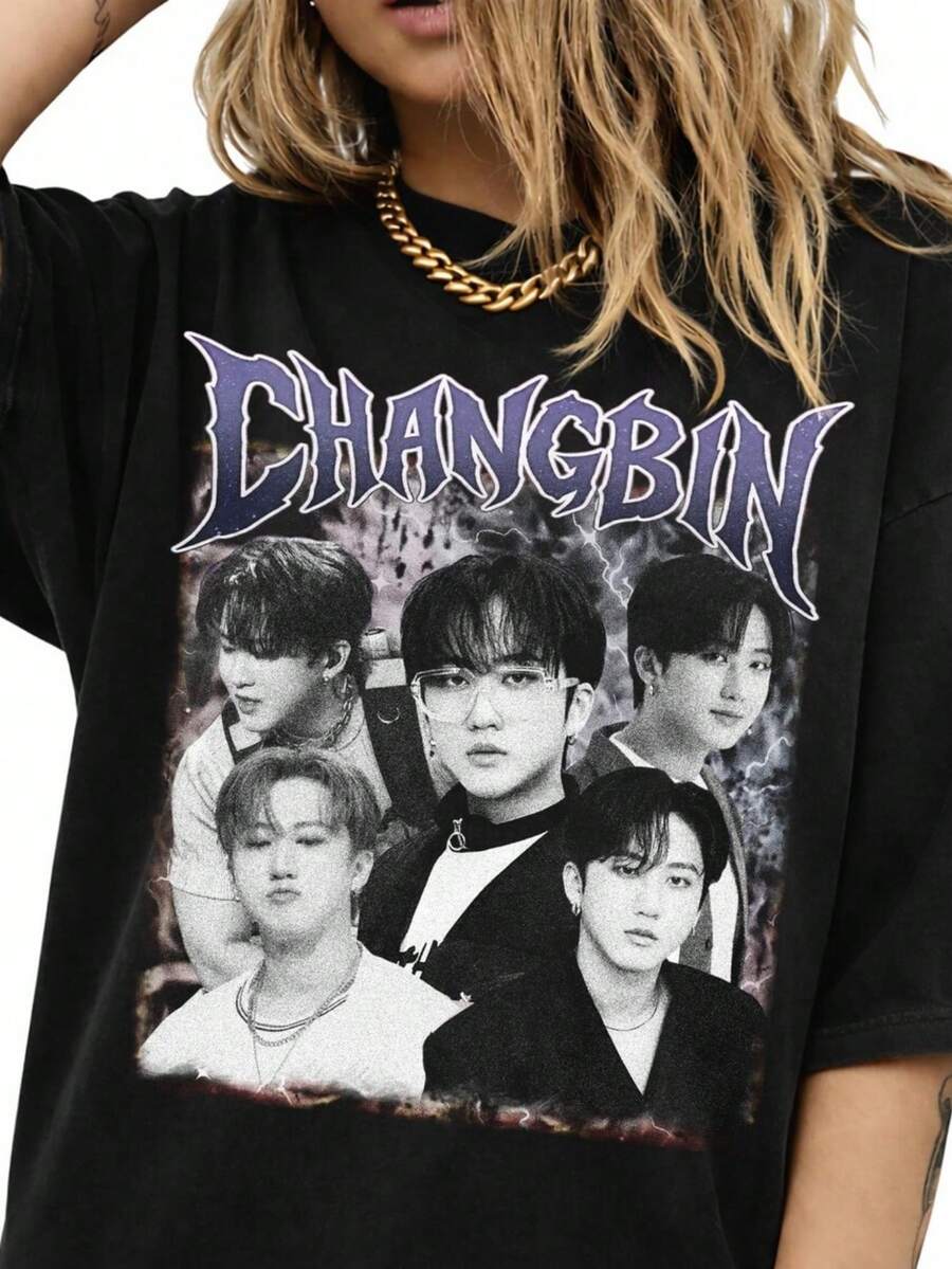 Changbin Vintage Graphic Shirt, SKZ Streetwear. Women's Fashionable Casual T-Shirt With Creative Print, Short Sleeve, Round Neck, For Spring And Summer - Festive Celebration Shirt, Party Wear Top - 彩色 - 查看 1