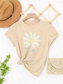 Camiseta casual de mujer con letras florales Camiseta informal holgada para mujer con estampado floral de girasoles Camisetas de MujerPure-Cotton - Albaricoque - Ver 4