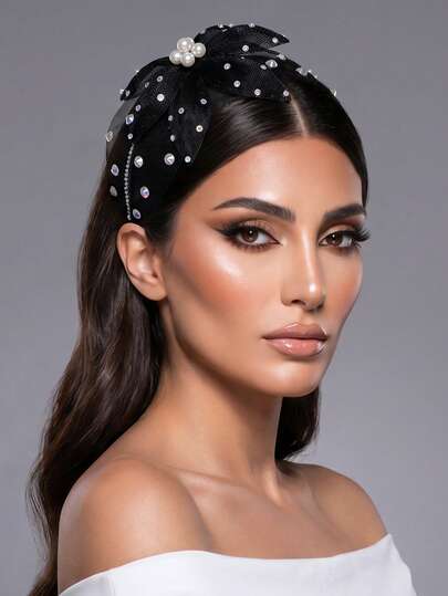 1pc Elegant Pearl Flower Headband, Fashion Rhinestone Decor Mesh Hollow Wide-Brim Headpiece, Suitable For Bride, Wedding, Festival, Party, Casual Occasions