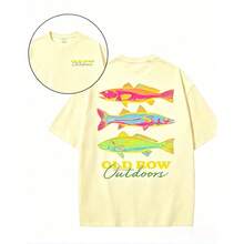 Men's Casual Summer Washed Cotton T-Shirt Old Row Outdoor Fish Print, Round Neck Short Sleeve Lightweight Knitted Fabric, Rib Details 100% Cotton - 純棉米色 - 查看 1