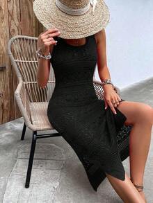 Vestido de punto con lazo en la cintura, casual de vacaciones, primavera/verano, unicolor, cuello redondo, sin mangas, con abertura, corto, ajustado, de vuelta al colegio, otoño, vestimenta digna para mujeres, vestido largo de fiesta de otoño para la playa - Negro - Ver 7