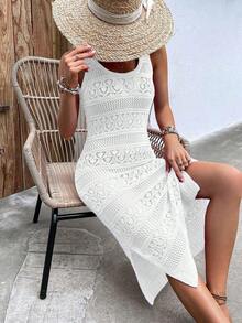 Vestido de punto con lazo en la cintura, casual de vacaciones, primavera/verano, unicolor, cuello redondo, sin mangas, con abertura, corto, ajustado, de vuelta al colegio, otoño, vestimenta digna para mujeres, vestido largo de fiesta de otoño para la playa - Blanco - Ver 7