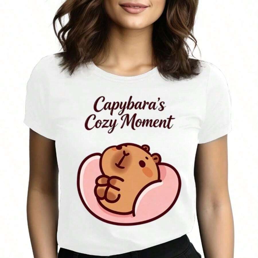 Tops para mujer Casual de Algodón para Mujer con Estampado Gráfico de Capibara, Cuello Redondo, Manga Corta, Corte Regular, Linda - Blanco - Ver 1