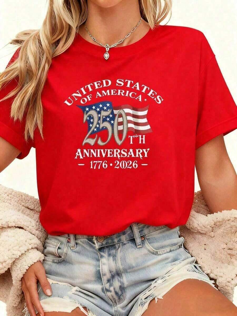 Graphic2026 NUEVO - Camiseta Conmemorativa del 250º Aniversario con la Bandera Americana, Cuello Redondo, Tela Suave y Cómoda, Camiseta Casual Unisex para el Día de la Independencia Americana, Shorts de Mezclilla Azul Claro a Juego, Camisetas Gráficas para Mujer, Blusas Bonitas de Mujer, Conjuntos de Verano para Mujer, Top de Verano con Cuello Redondo - Rojo - Ver 1