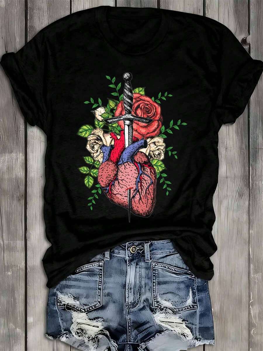 Camiseta de Mujer con Estampado de Corazón y Espada, Color Negro, Elegante, para Primavera/Verano, Ropa Casual para Exteriores, Estilo Hip-Hop Urbano, Lavable a Máquina para Uso Diario, Diseño Moderno, 100% Algodón.ropa de calor mujer - Negro - Ver 1