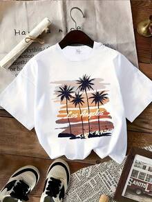 1 Piece Of Women's Casual Short-Sleeved Crew Neck T-Shirt, From The Fashionable Sports Series, With Palm Tree And Sunset Beach Print, 100% Cotton. Women's Warm Clothing - 白色 - 查看 7
